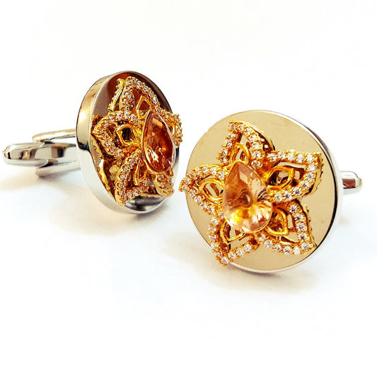 Round Silver Color Cufflinks with Crystals